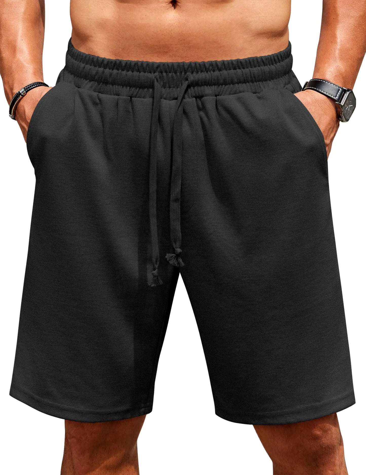 COOFANDY Men Flat Front Shorts Stretch Drawstring Shorts Casual Loose Fit Shorts Black
